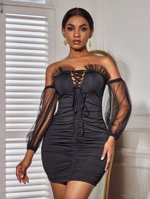 SXY Облегающее платье со сборками контрастный сетчатый на шнурках с открытыми плечами