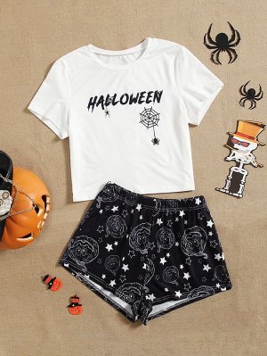 Пижамный комплект из топа и шорт с принтом хэллоуина