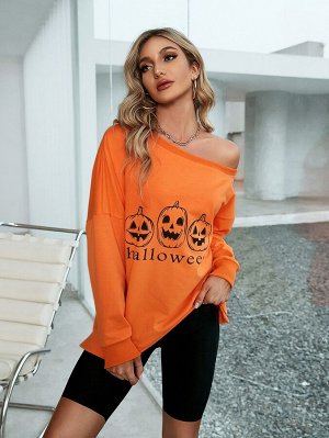 Пуловер на хэллоуин тыква & с текстовым принтом