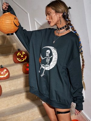 Свитшот оверсайз на хэллоуин с принтом скелета