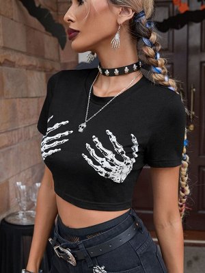 Кроп-футболка на хэллоуин с принтом скелета
