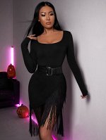 Облегающее платье с круглым вырезом с бахромой без пояса