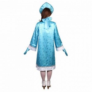Карнавальный костюм "Снегурочка", атлас, прямая шуба с искрами, кокошник, варежки, цвет голубой, р-р 44