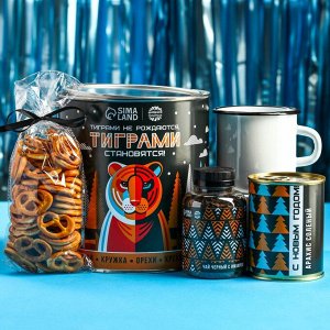 Подарочный набор «Тиграми становятся»: чай чёрный с имбирём 50 г., кружка 350 г., арахис солёный 300 г., крекеры 70 г.
