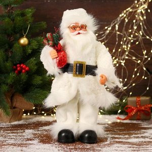 Дед Мороз "В меховом белом костюмчике, с мешком" двигается, 20х40 см