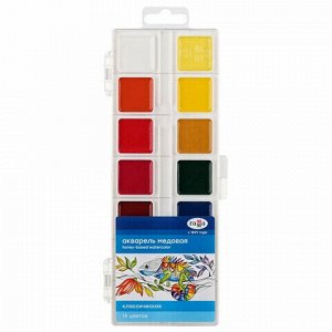 Краски акварельные ГАММА "Классическая", 14 цветов, медовая, без кисти, пластиковая коробка, европодвес, 1009195