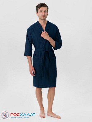 Росхалат Мужской укороченный вафельный халат с планкой темно-синий В-05 (28)