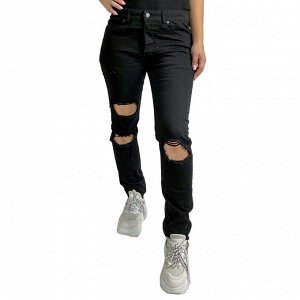Рваные женские джинсы – хитовый черный, декоративные потертости №107