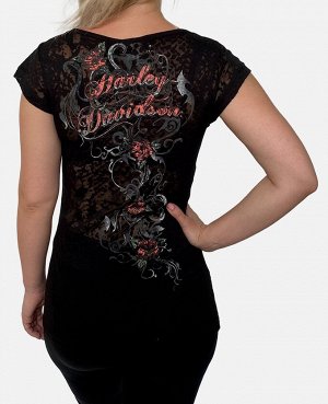 Черная женская футболка Harley-Davidson – произведение дизайнерского искусства из фактурной ткани с ажурным принтом №1110