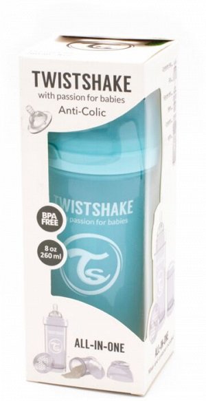 Бутылочка антиколиковая Twistshake для кормления 260 мл. Пастельный синий (Pastel Blue).