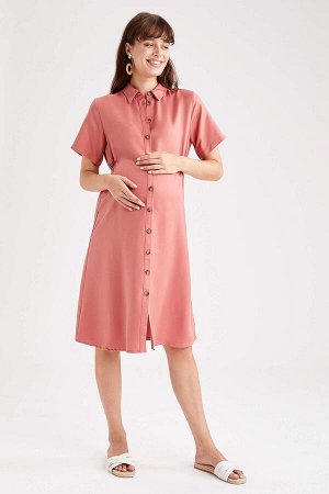 Платье для беременных с коротким рукавом и эластичной резинкой на талии с воротником-рубашкой Tencel