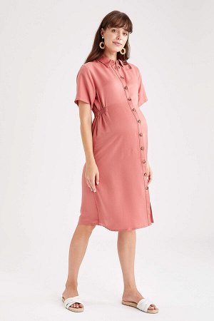 Платье для беременных с коротким рукавом и эластичной резинкой на талии с воротником-рубашкой Tencel