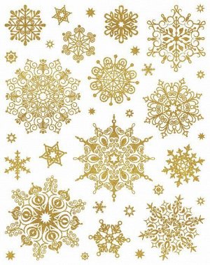 Новогоднее оконное украшение Золотые колючие снежинки из ПВХ пленки, декорировано глиттером (крепится к гладкой поверхности стекла / 30х38см арт.86054