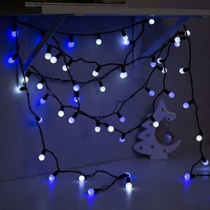 Гирлянда "Нить" 10 м с насадками "Шарики 1.5 см", IP44, тёмная нить, 100 LED, свечение бело-синее, мигание, 220 В