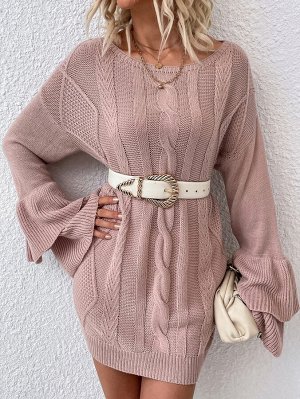 Платье-свитер вязаный многослойный с рукавами-воланами без пояса