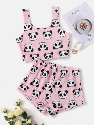 Пижамный комплект из фланелевой майки и шорт с принтом панды