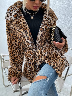 Плюшевое пальто с леопардовым принтом с поясом