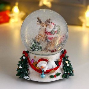 Сувенир полистоун водяной шар музыка "Дед Мороз верхом на лосике" d=10 см