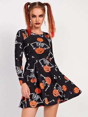 Платье на хэллоуин тыква и с принтом скелета облегающее и расклешенное