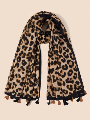 1шт шарф с леопардовым узором и бахромой