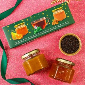 Подарочный набор «Сладкого нового года»: варенье груша-апельсин 120 г., крем-мёд с грецким орехом120 г., чай с чабрецом 50 г.