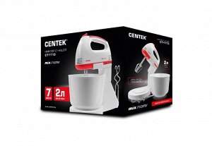 Миксер Centek CT-1113 белый/красный (с чашей, 170Вт, 6 скоростей+турбо, взбивание/замешивание)