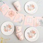 Набор бумажной посуды Happy birthday, цветы, 6 тарелок, 6 стаканов, 1 гирлянда