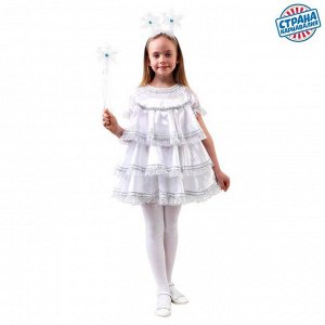 Карнавальный костюм «Снежинка с воланами», атлас белый, платье, ободок, рост 98-104 см