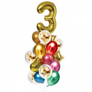 Букет из шаров «День рождения – 3 года», фольга, латекс, набор 21 шт., цвет золотой