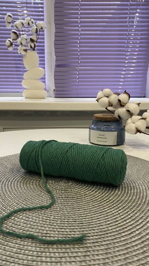 Шпагат хлопковый 2 мм для плетения панно/ловцов снов/шпагат для рукоделия/шпагат для макраме. Тёмно зелёный (2121)