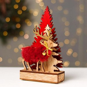 Новогодний декор с подсветкой «Ёлочки и олень с колокольчиком» 6x4x23 см, красный