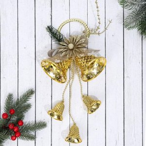 Украшение новогоднее "Колокольчики с веточкой и цветком" 15х35 см, золото