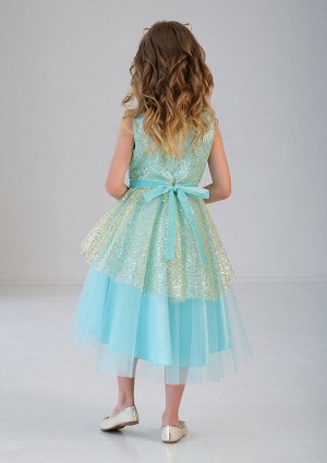 Оригинальное нарядное платье с контрастной пайеточной сеткой, цвет мятный