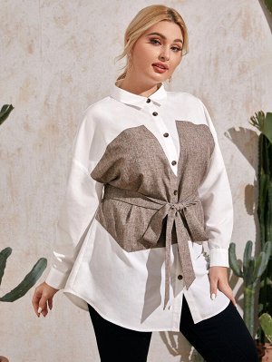 Контрастная блузка размера плюс с поясом