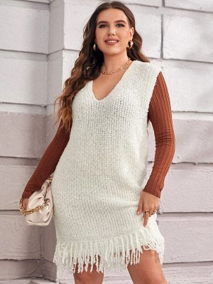 1шт Рваное платье-свитер без рукавов с v-образным воротником размера плюс