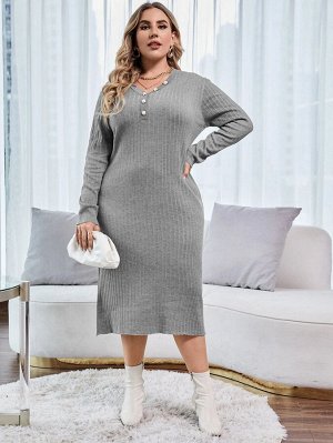 Размера плюс с пуговицами Облегающий свитер Платье
