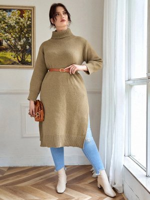 Размера плюс Платье-свитер с высоким воротником высоким разрезом без пояса