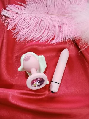 Набор анальная пробка и вибро-пуля, цвет пробки розовый, цвет пули  и кристалла в ассортименте