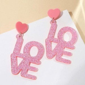 Серьги из акрила LOVE, блёстки, цвет коралловый