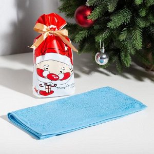 Полотенце подарочное  "Дед Мороз" 30*60 см, цв.голубой, 100% хл, 320 г/м2