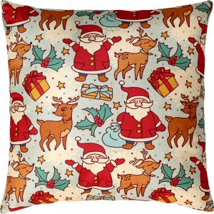 Подушка декоративная Дед Мороз, олень и подарки сублимация 35х35 см  велюр, пэ 100%