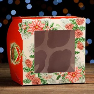 Упаковка на 4 капкейков с окном "Рождество", 25 х 17 х 10 см