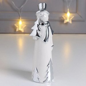Сувенир керамика "Снеговик в цилиндре, с ёлочками" серебро 16,6х4,6х5,6 см