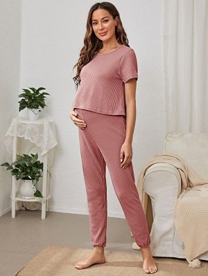 Вафельный домашний комплект из топа и брюк с регулируемой талией для беременных