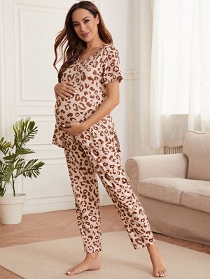 Для беременных с леопардовым принтом разрез Футболка & Брюки Домашний комплект