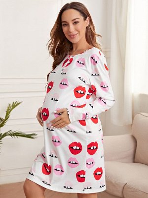 Для беременных Домашнее платье с принтом губ на пуговицах