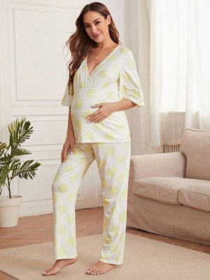 Пижама с v-образным воротником в горошек для беременных