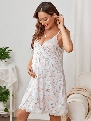 Для беременных Платье на бретелях с цветочным принтом с фестонами с кружевной отделкой домашний