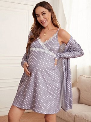 Для беременных в горошек с кружевной отделкой Платье на бретелях & Халат