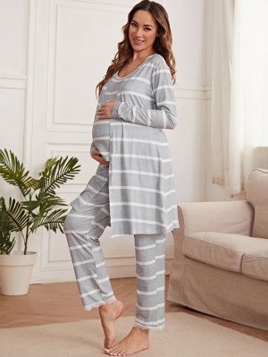 Для беременных 3шт Пижама в полоску регулируемый с эластичной талией